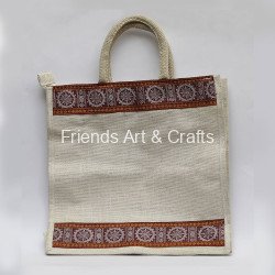 Handcrafted Natural Jute Tote Bag with Traditional Border