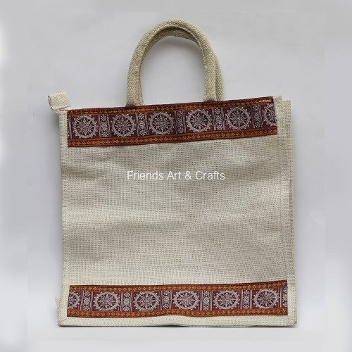 Handcrafted Natural Jute Tote Bag with Traditional Border