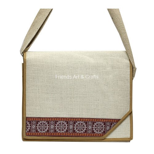 Handcrafted Natural Jute Messenger Sling Bag with Traditional Border