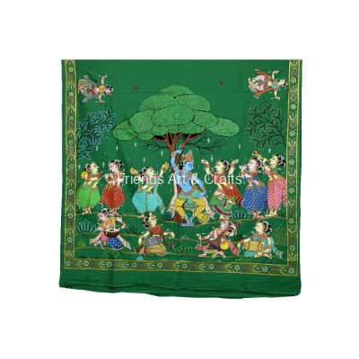 Hand-Painted Pattachitra Krishna Raas Leela Saree – Green
