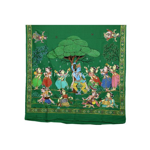 Hand-Painted Pattachitra Krishna Raas Leela Saree – Green