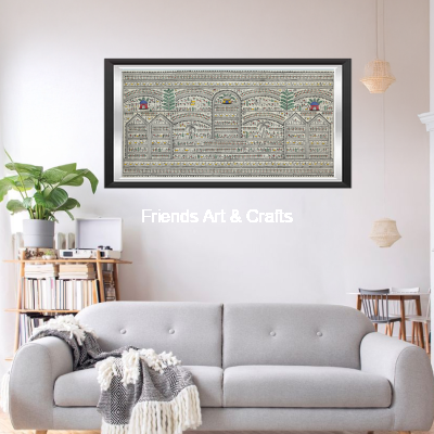 Handcrafted Saura Tribal Village Panorama Painting – Traditional Odisha Folk Art Wall Décor