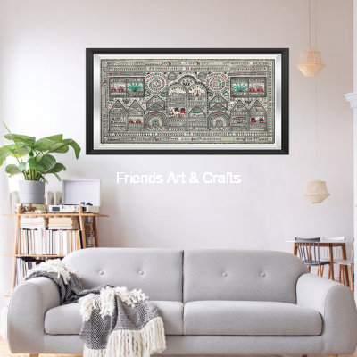 Handcrafted Saura Tribal Heritage Panorama Painting – Traditional Odisha Folk Art Wall Décor