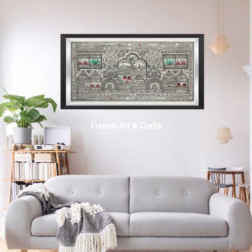 Handcrafted Saura Tribal Heritage Panorama Painting – Traditional Odisha Folk Art Wall Décor