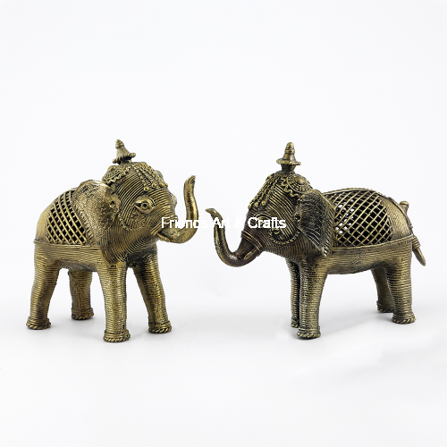 Handcrafted Dhokra Brass Elephant Figurine Set (Set of 2)