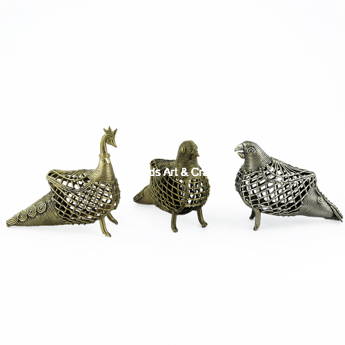 Handcrafted Dhokra Brass Bird Figurine Set (Set of 3)