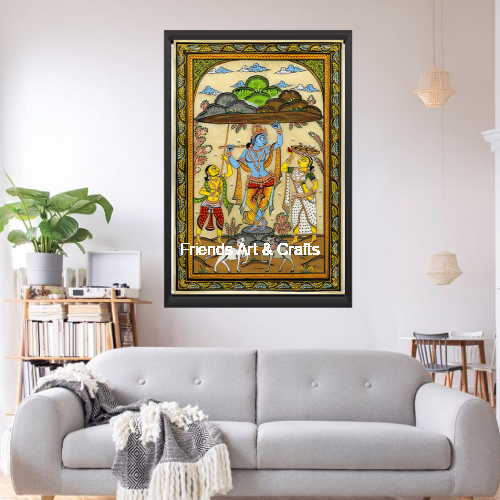 Handcrafted Krishna Govardhan Leela Pattachitra Painting – Traditional Odisha Folk Art