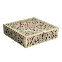 Handcrafted Pattachitra Wooden Decorative Storage Box – Ivory & Maroon