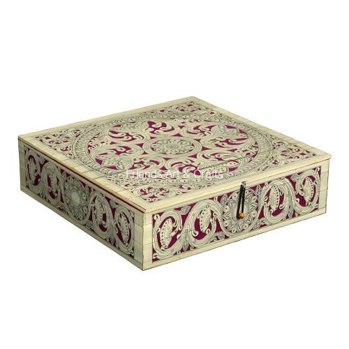 Handcrafted Pattachitra Wooden Decorative Storage Box – Ivory & Maroon